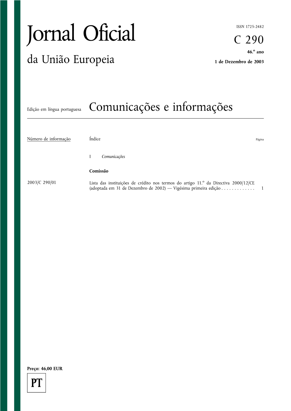 Jornal Oficial C 290 46.O Ano Da União Europeia 1 De Dezembro De 2003