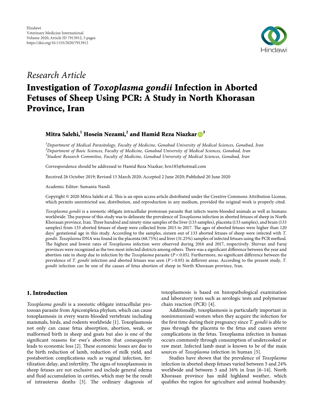 Investigation of Toxoplasma Gondii Infection in Aborted Fetuses of Sheep Using PCR: a Study in North Khorasan Province, Iran