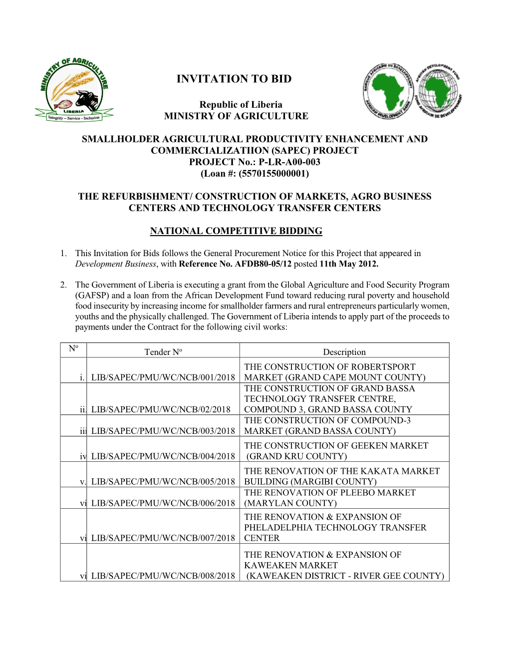 NCB:THE REFURBISHMENT/ CONSTRUCTION of MARKETS, AGRO BUSINESS CENTERS and TECHNOLOGY TRANSFER CENTERS: Deadline