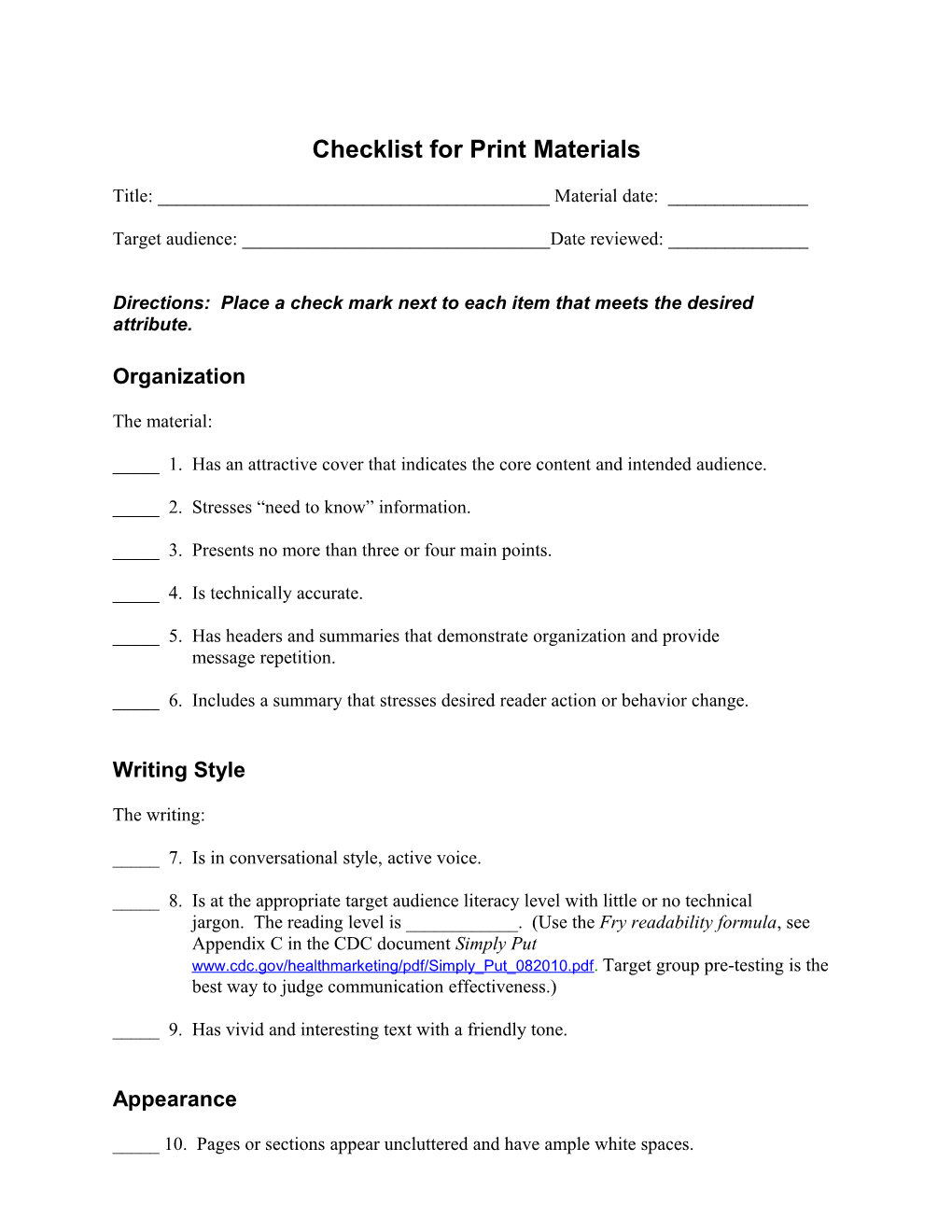 Checklist for Print Materials