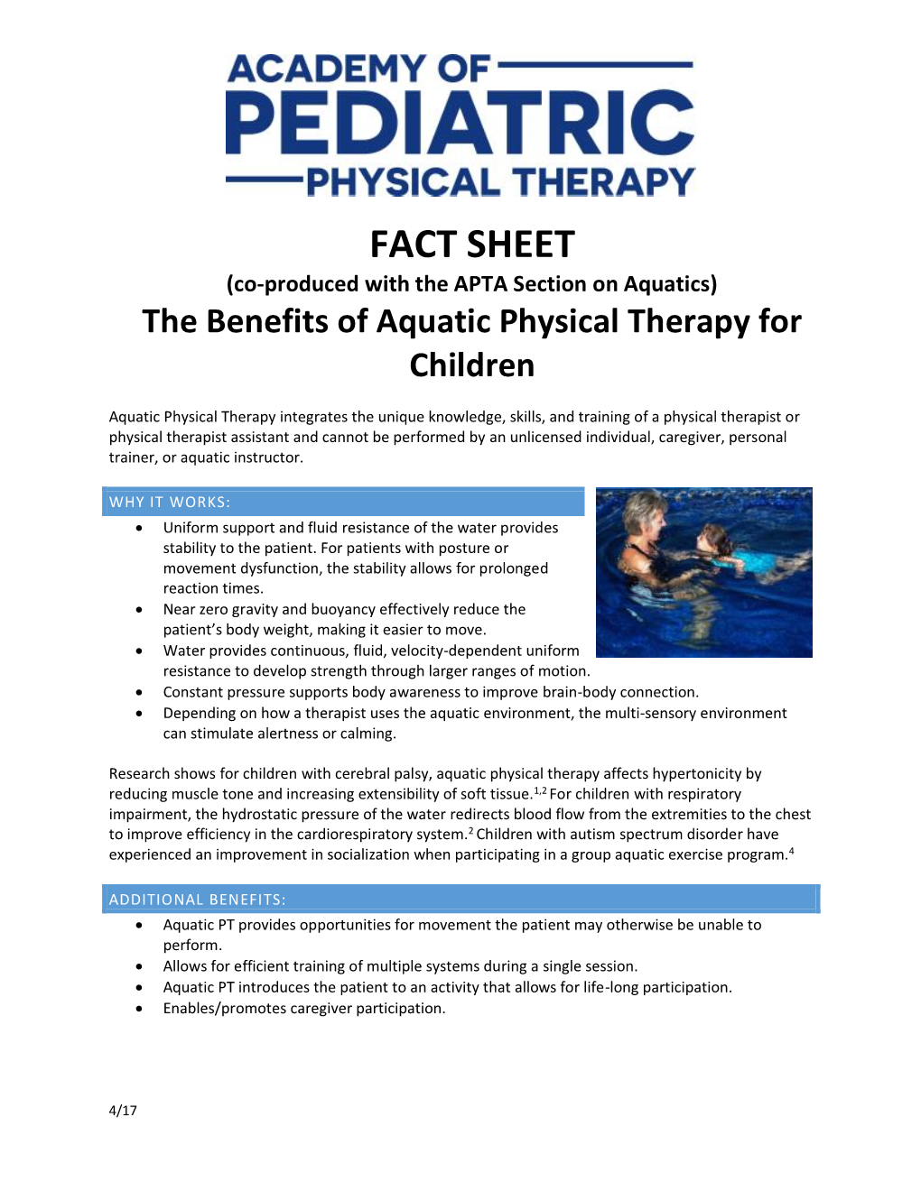 FACT SHEET (Co-Produced with the APTA Section on Aquatics) the Benefits of Aquatic Physical Therapy for Children