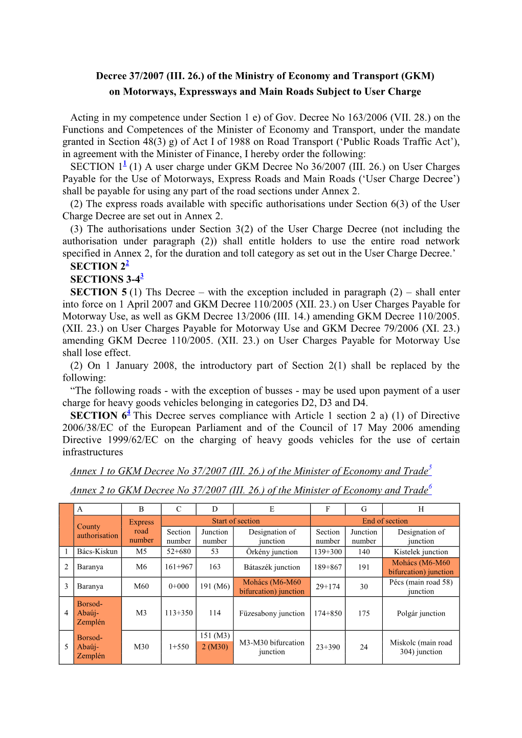 Decree 37/2007 (III. 26.) of the Ministry of Economy and Transport (GKM) on Motorways, Expressways and Main Roads Subject to User Charge