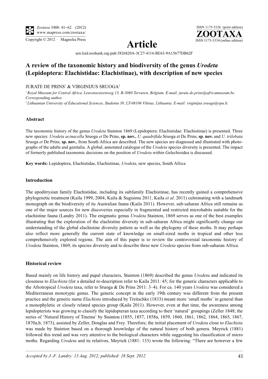 Lepidoptera: Elachistidae: Elachistinae), with Description of New Species