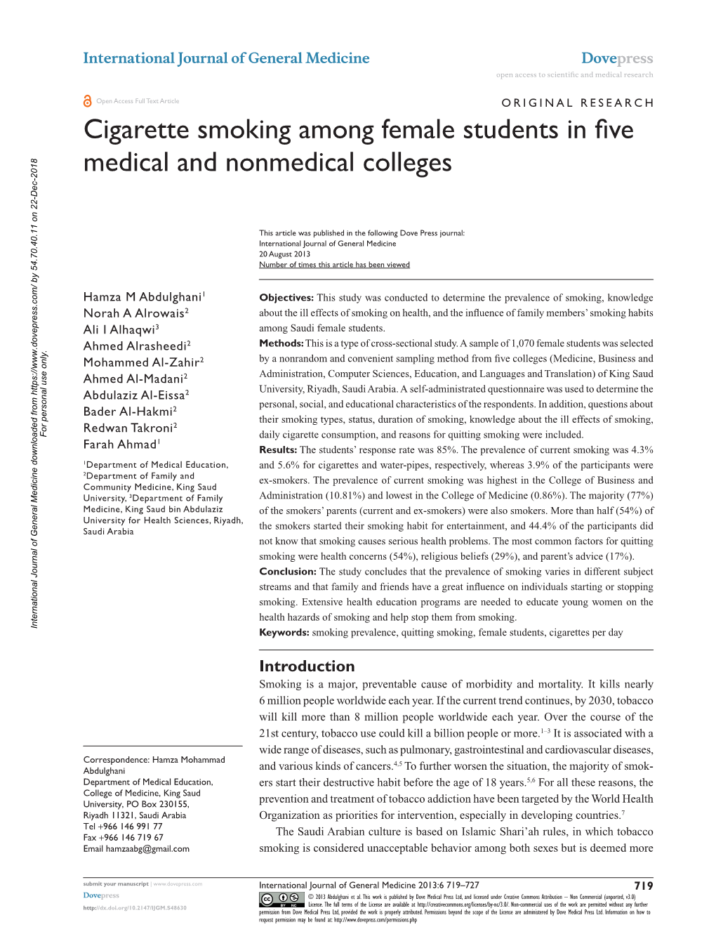 Cigarette Smoking Among Female Students in Five Medical and Nonmedical Colleges
