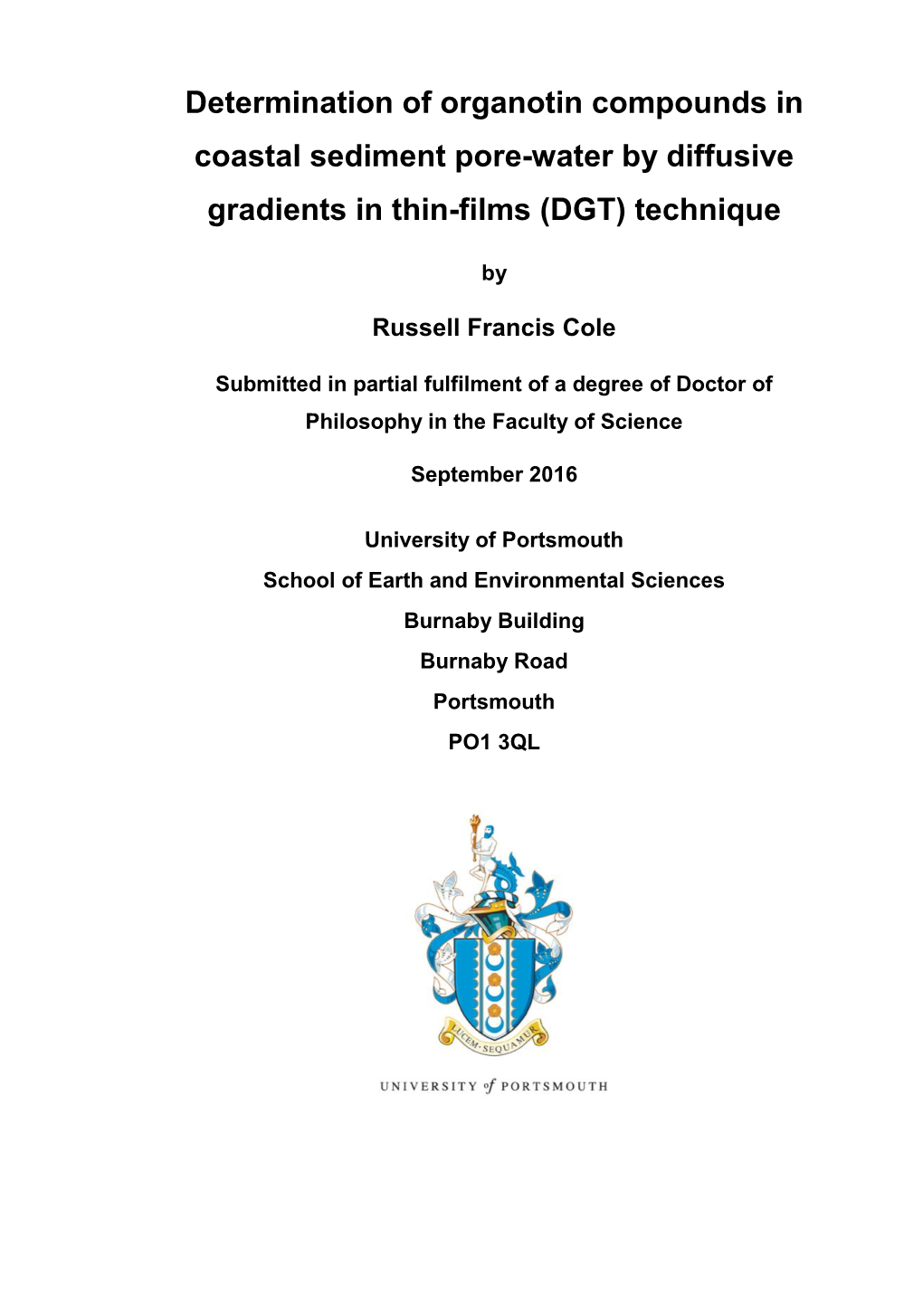 Determination of Organotin Compounds in Coastal Sediment Pore-Water by Diffusive Gradients in Thin-Films (DGT) Technique