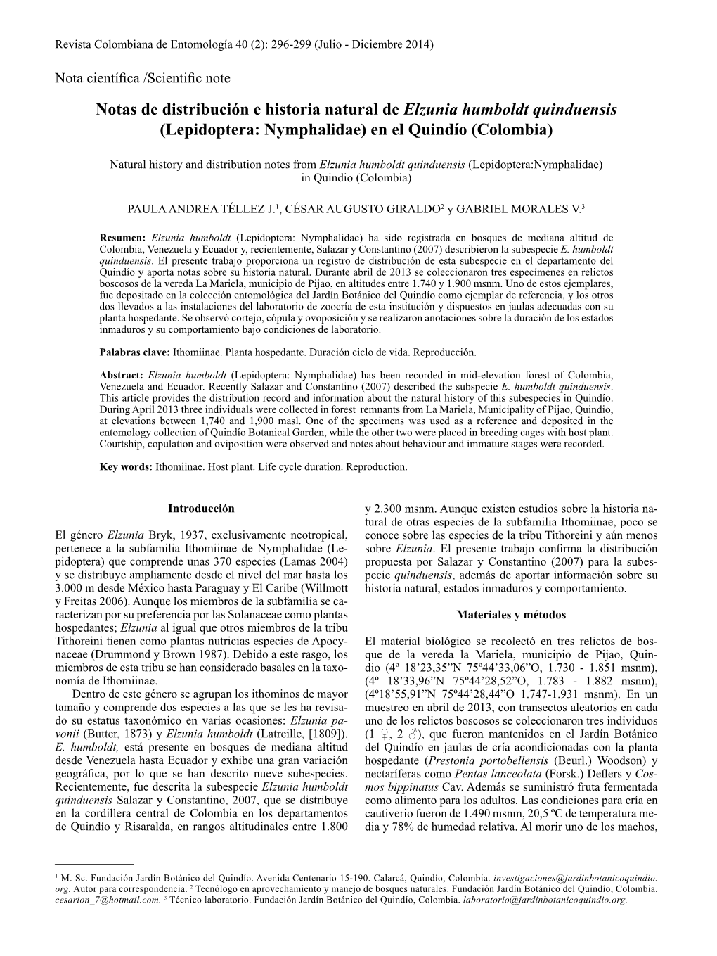 Notas De Distribución E Historia Natural De Elzunia Humboldt Quinduensis (Lepidoptera: Nymphalidae) En El Quindío (Colombia)