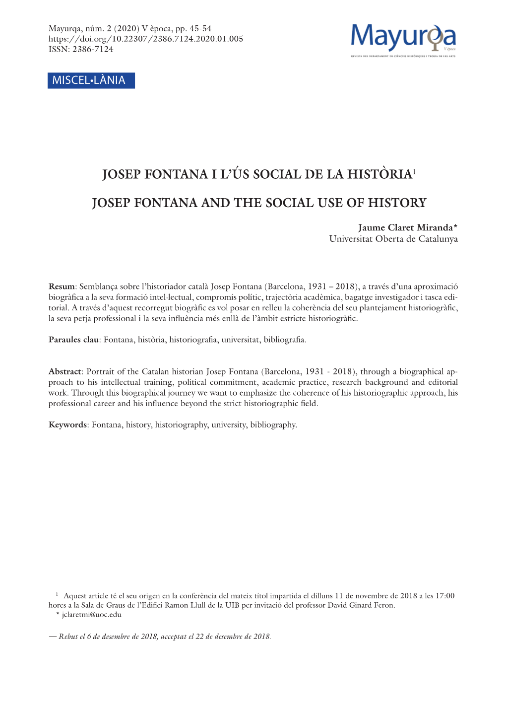 Josep Fontana I L'ús Social De La Història1 Josep Fontana