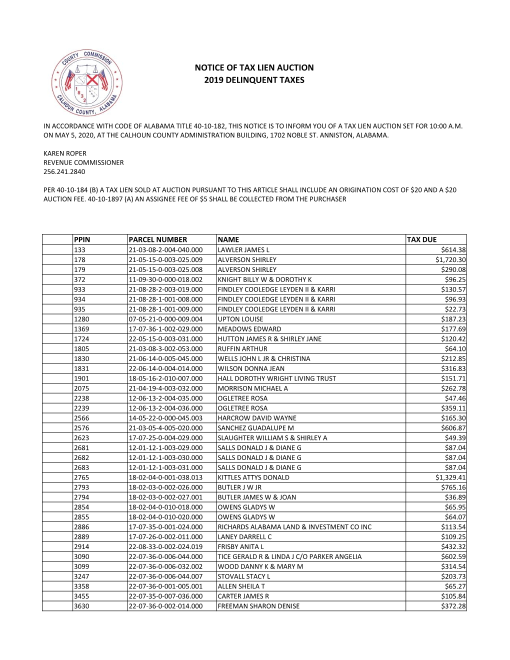 Notice of Tax Lien Auction 2019 Delinquent Taxes