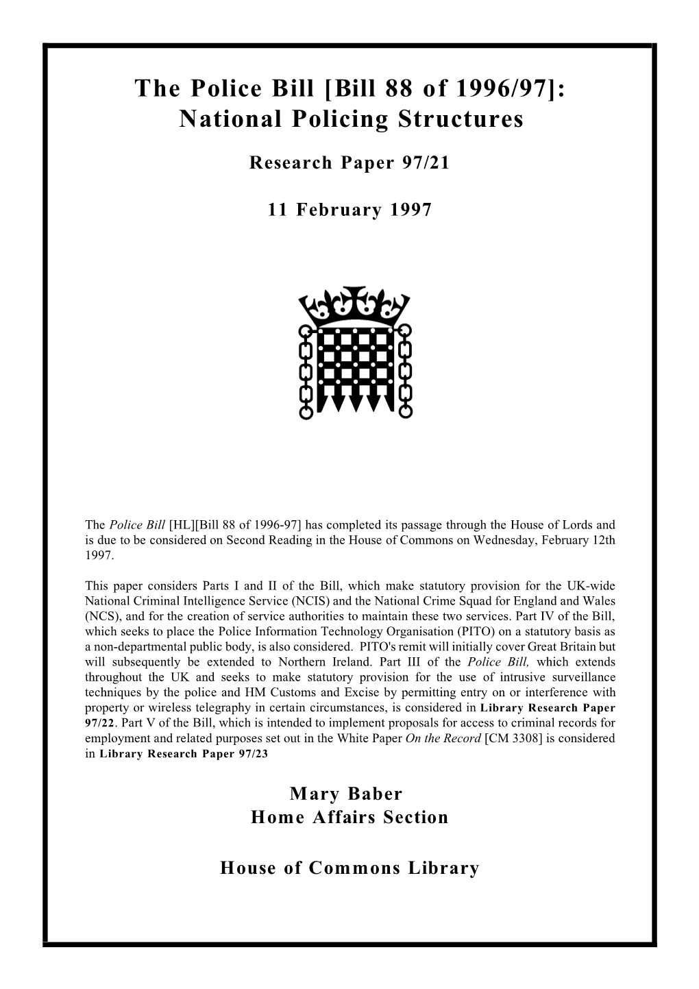 Police Bill HL Bill 88 O0f 1996-97: National Policing Structures