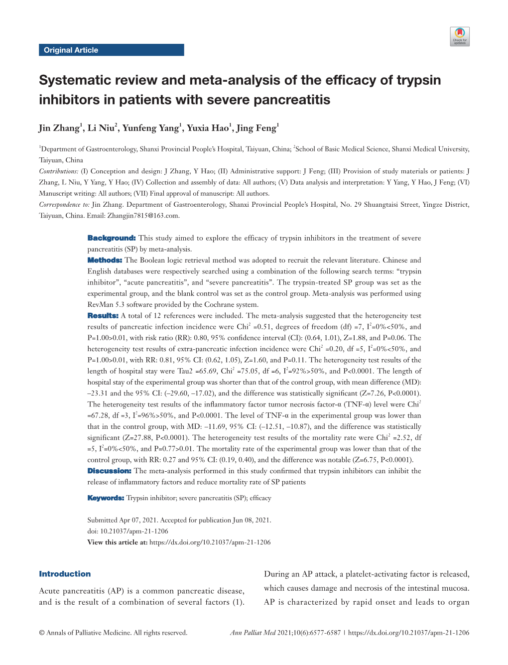 Systematic Review and Meta-Analysis of the Efficacy of Trypsin Inhibitors in Patients with Severe Pancreatitis