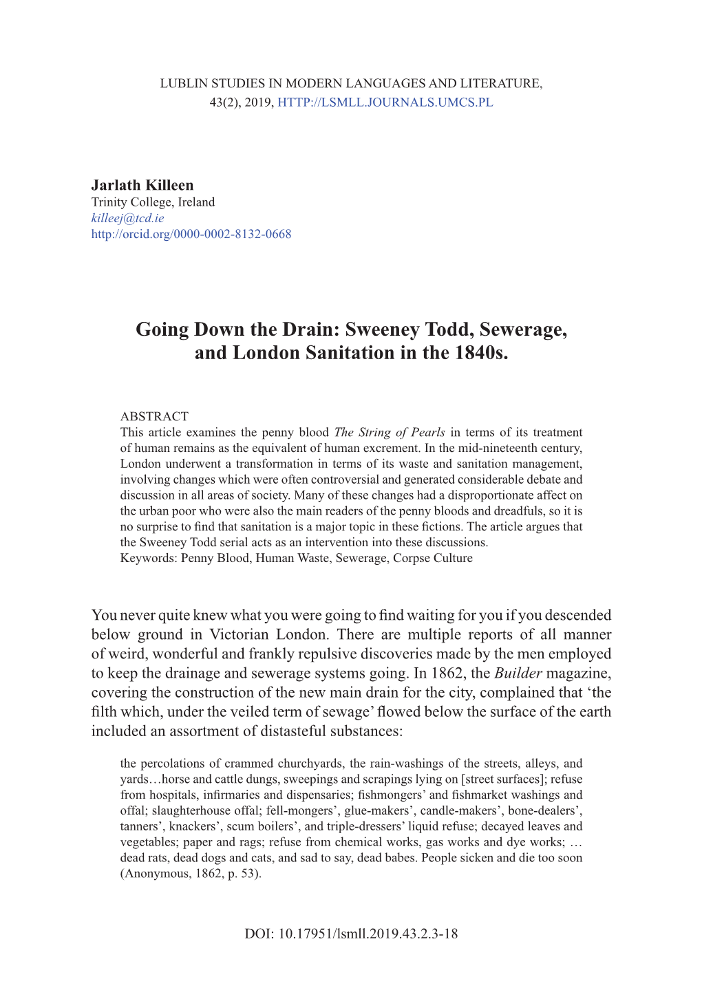 Going Down the Drain: Sweeney Todd, Sewerage, and London Sanitation in the 1840S