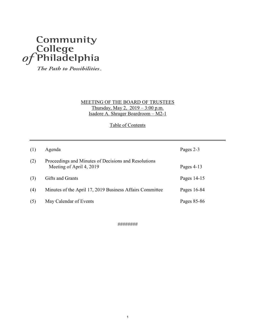 MEETING of the BOARD of TRUSTEES Thursday, May 2, 2019 – 3:00 P.M