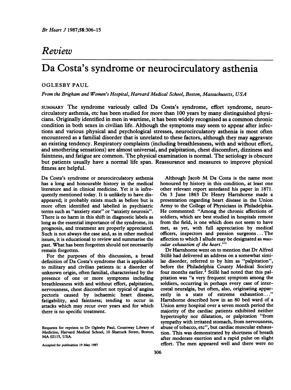 Review Da Costa's Syndrome Or Neurocirculatory Asthenia