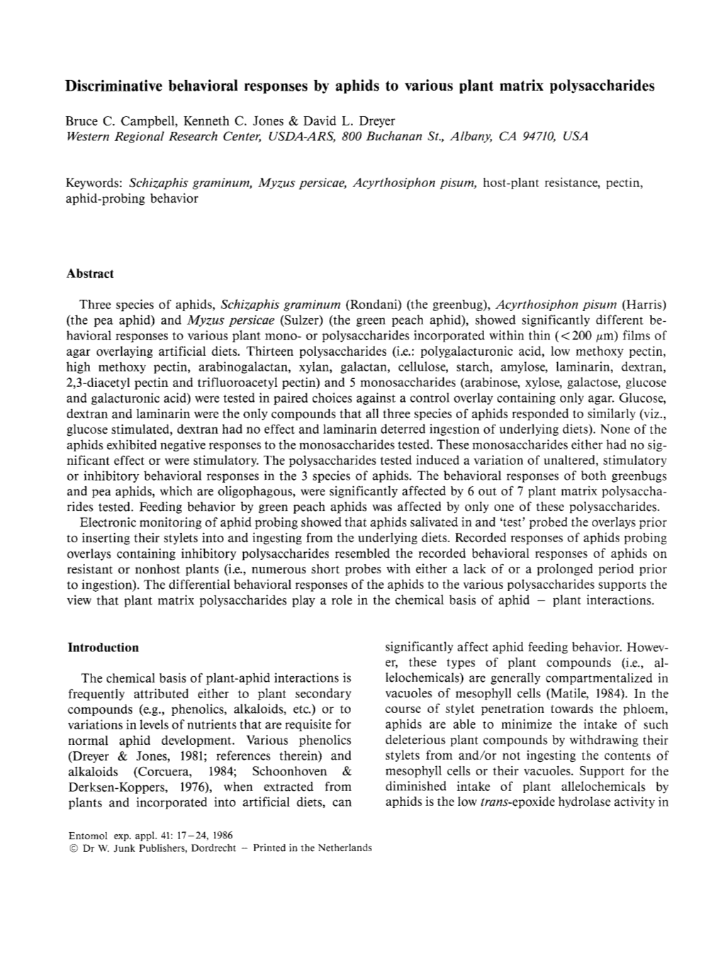 Discriminative Behavioral Responses by Aphids to Various Plant Matrix Polysaccharides