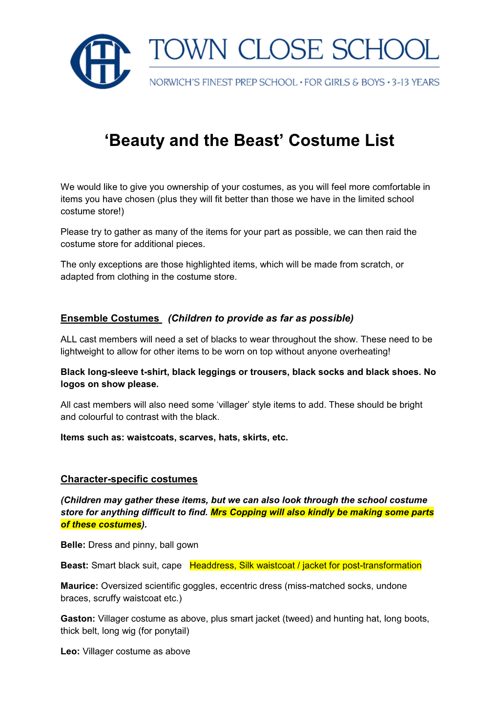 'Beauty and the Beast' Costume List