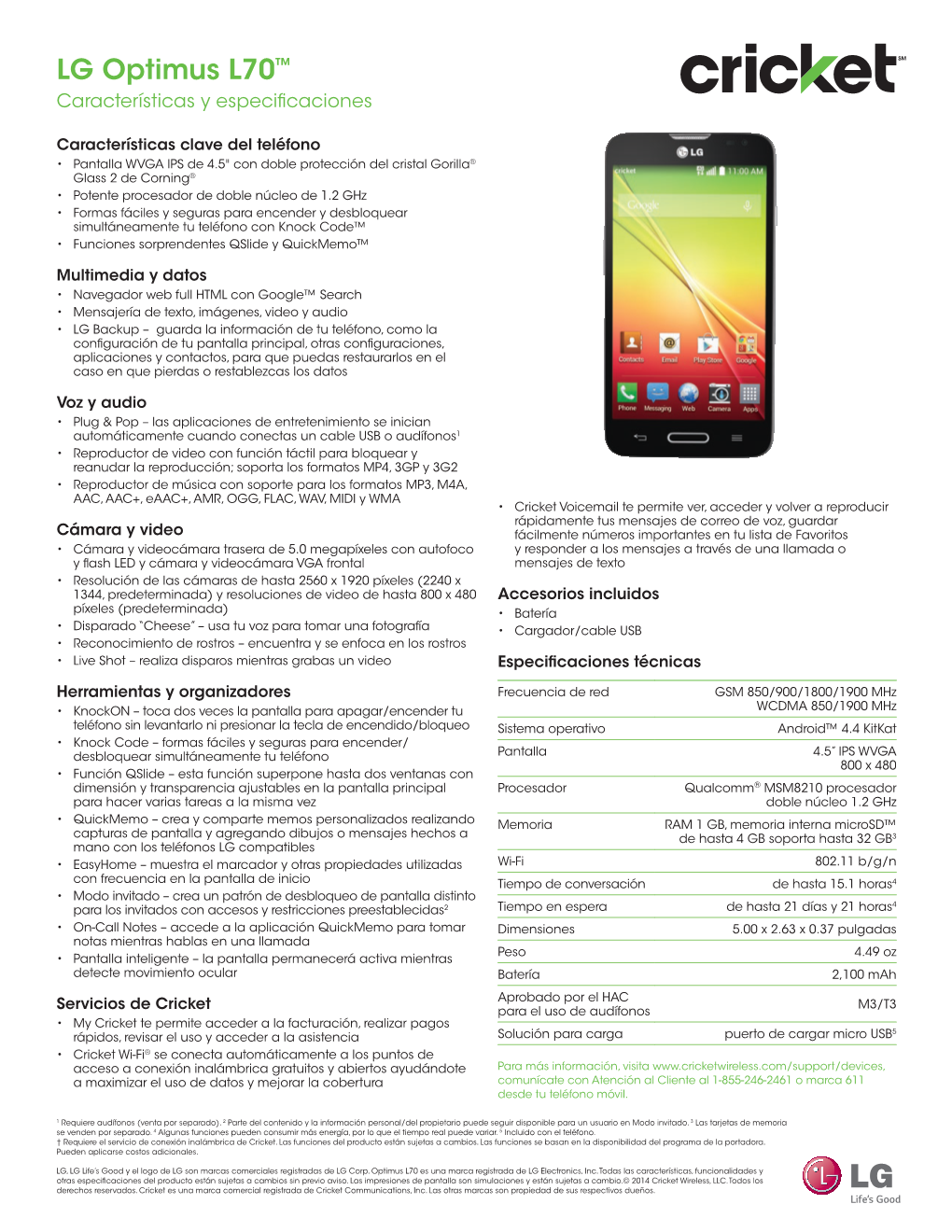 LG Optimus L70™ Características Y Especificaciones