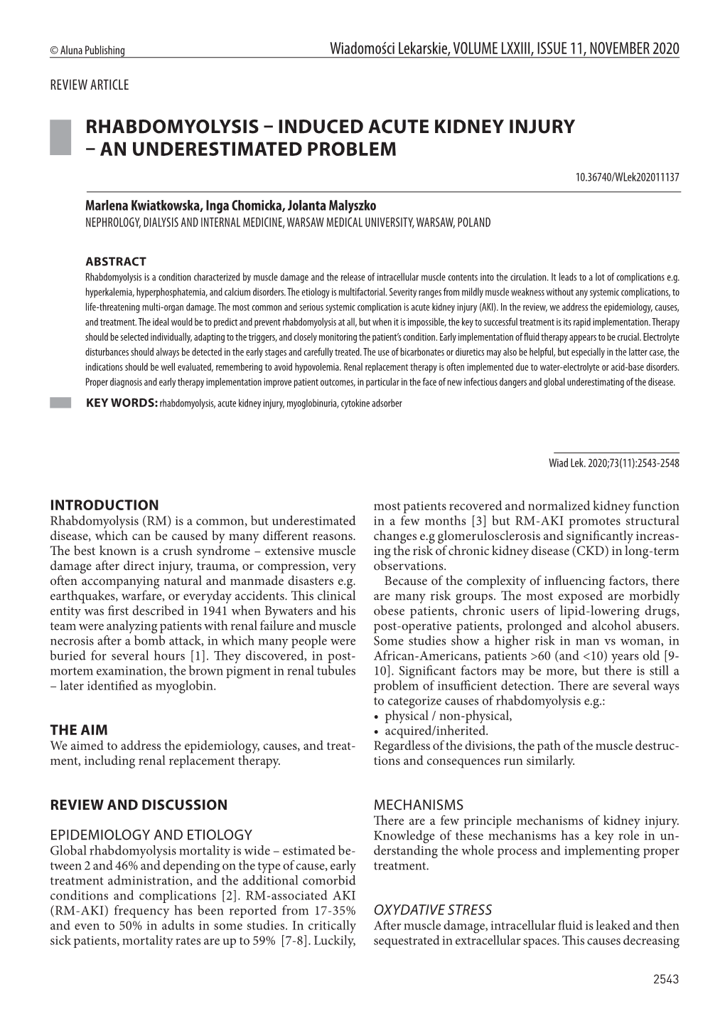 RHABDOMYOLYSIS – INDUCED ACUTE KIDNEY INJURY – an UNDERESTIMATED PROBLEM 10.36740/Wlek202011137