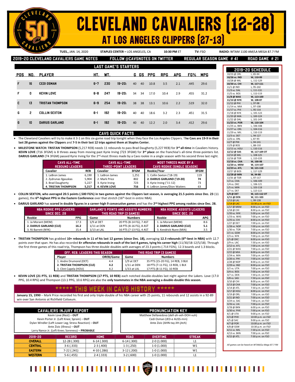 2019-20 Cleveland Cavaliers Game Notes Follow @Cavsnotes on Twitter Regular Season Game # 41 Road Game # 21