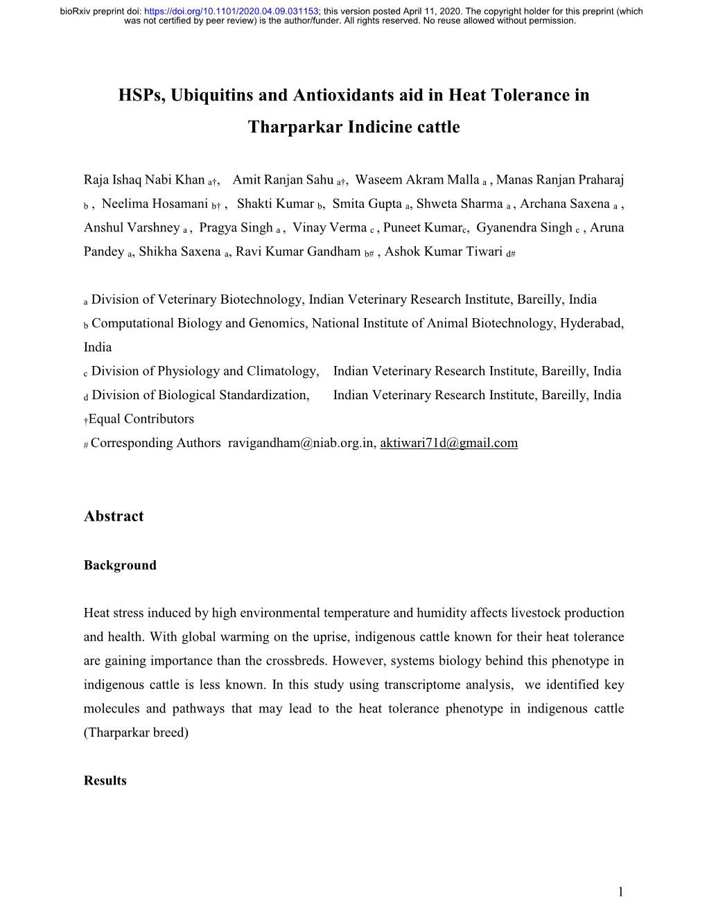 Hsps, Ubiquitins and Antioxidants Aid in Heat Tolerance in Tharparkar Indicine Cattle