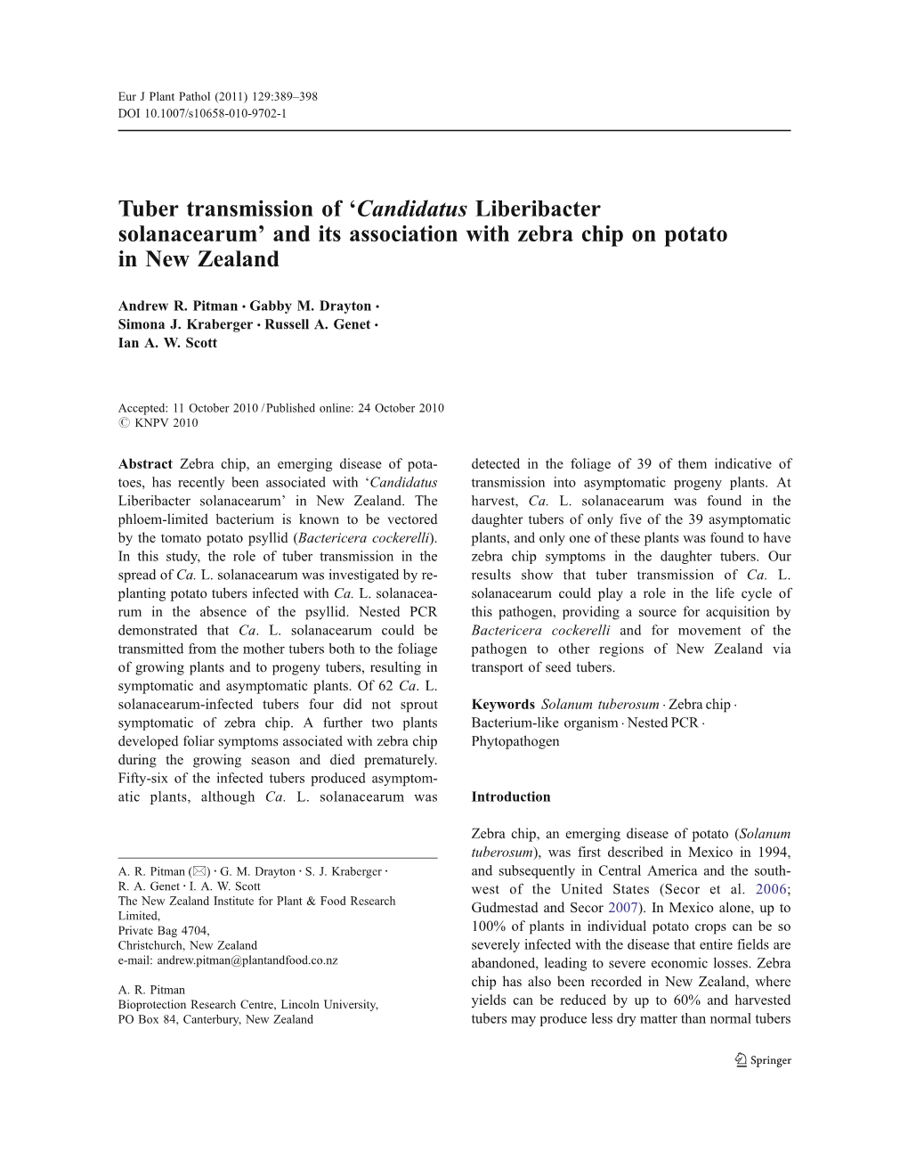 Tuber Transmission of 'Candidatus Liberibacter Solanacearum'