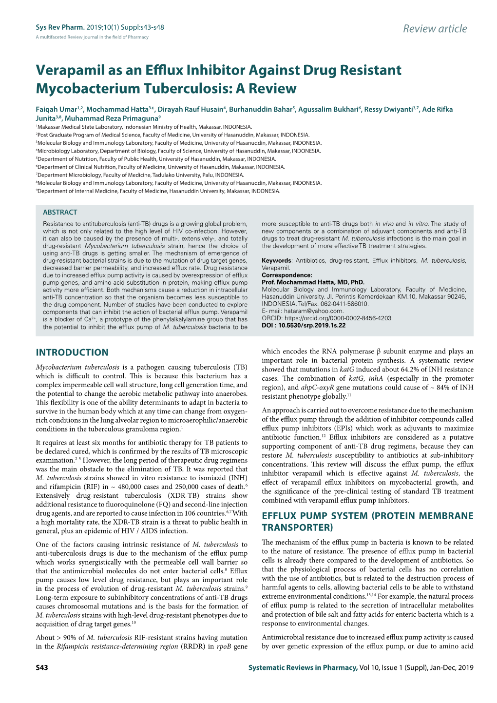 Verapamil As an Efflux Inhibitor Against Drug Resistant Mycobacterium Tuberculosis: a Review