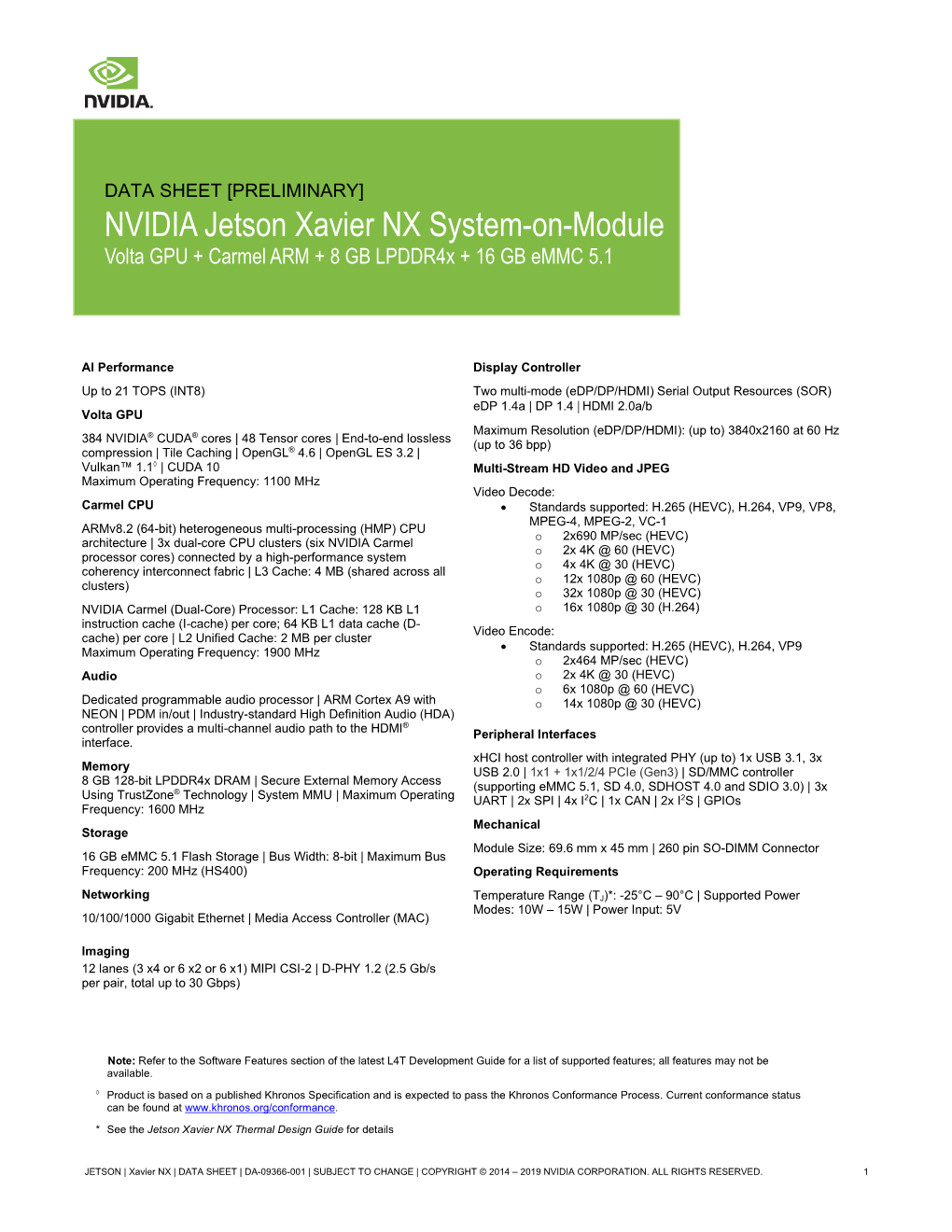 NVIDIA Jetson Xavier NX System-On-Module Volta GPU + Carmel ARM + 8 GB Lpddr4x + 16 GB Emmc 5.1