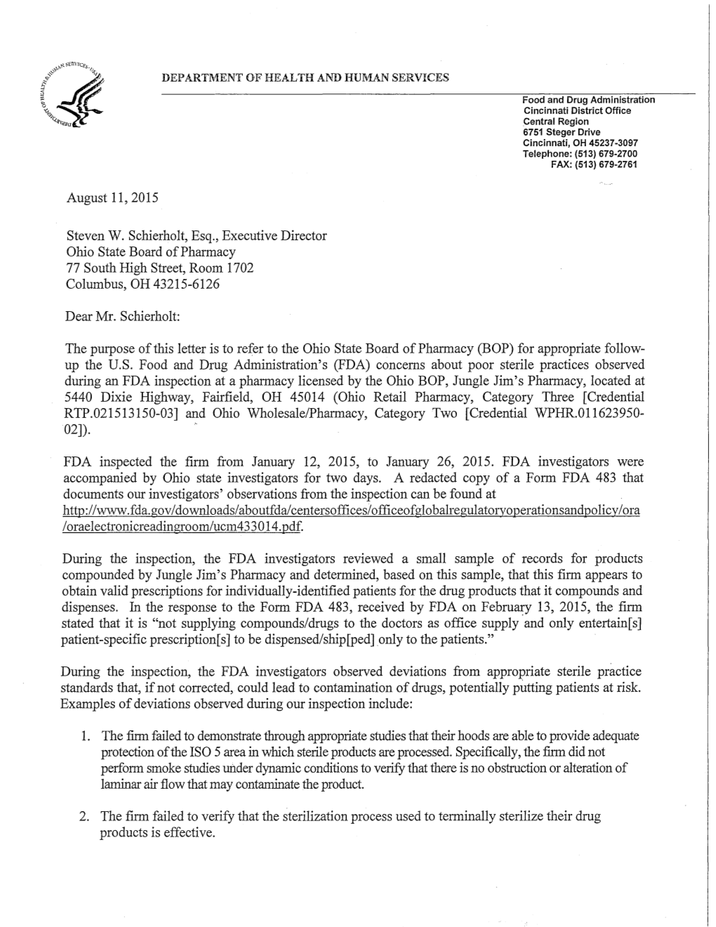 Jungle Jim's Pharmacy, Fairfield, OH, Referral Letter to the Ohio State Board of Pharmacy Issued 08/11/2015