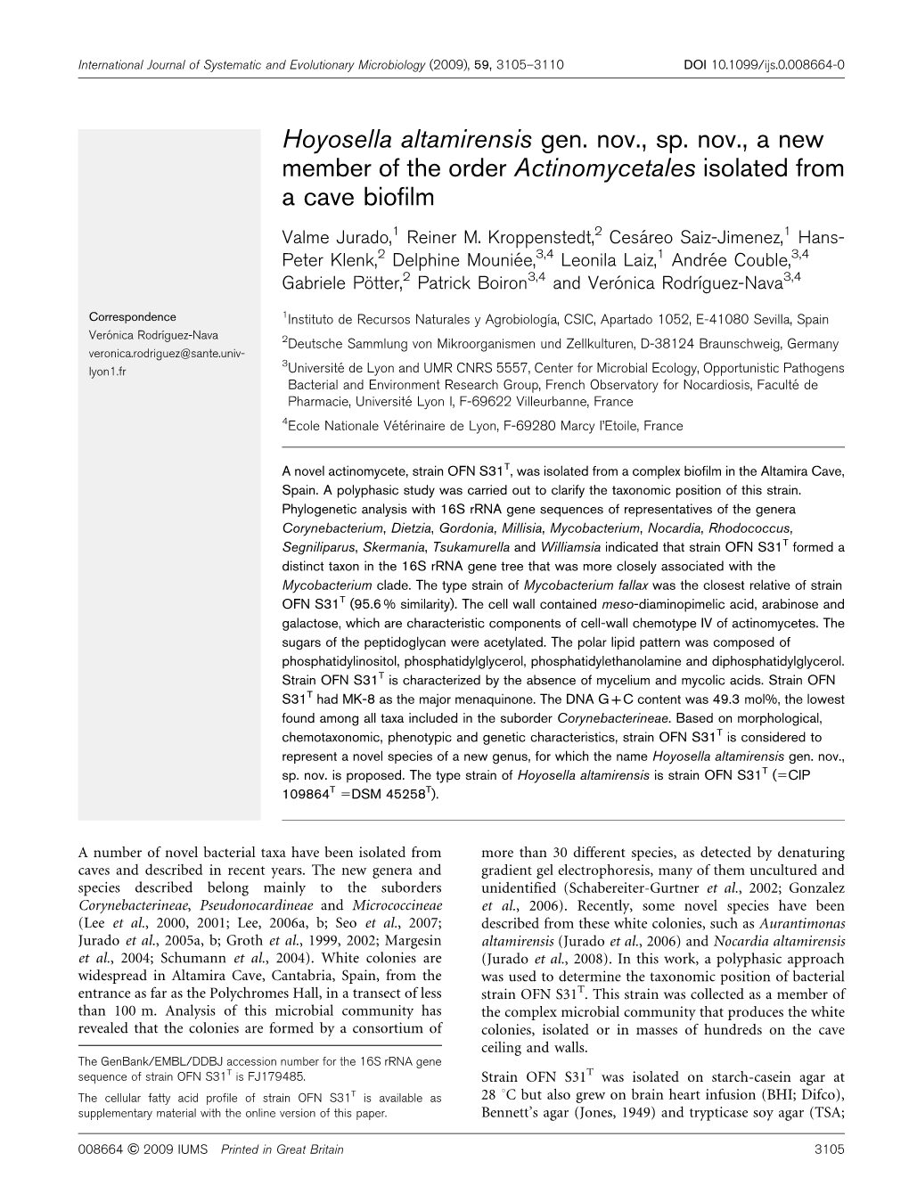 Hoyosella Altamirensis Gen. Nov., Sp. Nov., a New Member of the Order Actinomycetales Isolated from a Cave Biofilm