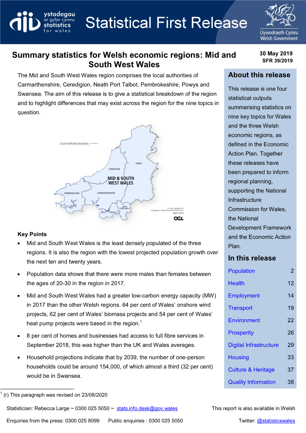 Summary Statistics for Welsh Economic Regions: Mid and South