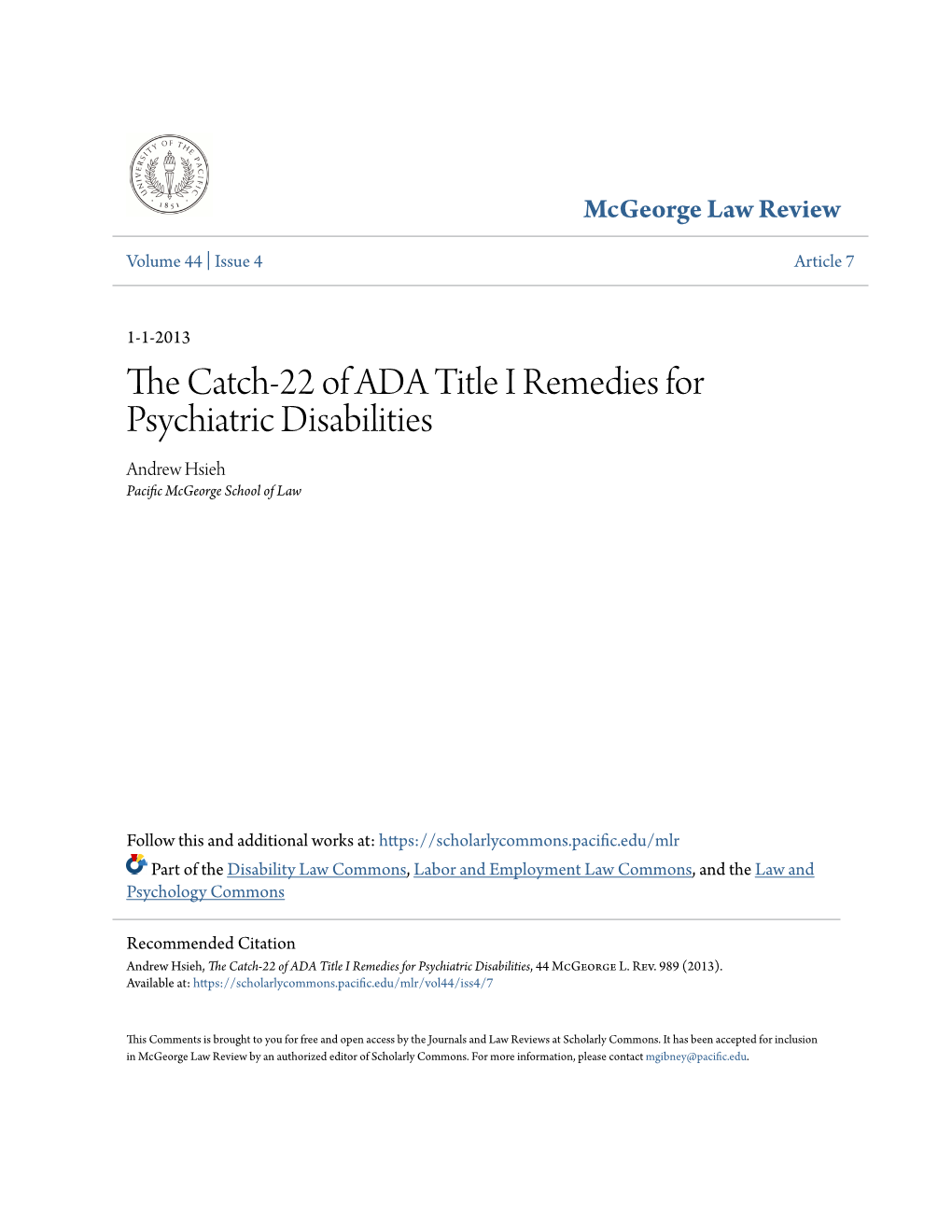 The Catch-22 of ADA Title I Remedies for Psychiatric Disabilities, 44 Mcgeorge L