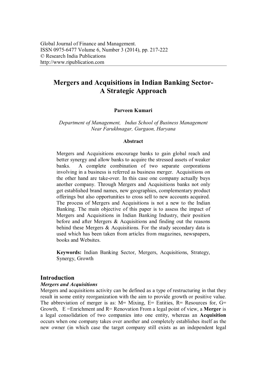 Mergers and Acquisitions in Indian Banking Sector- a Strategic Approach