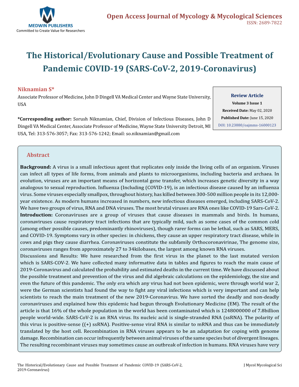 (SARS-Cov-2, 2019-Coronavirus). J Mycol Mycological Sci 2020, 3(1): 000123