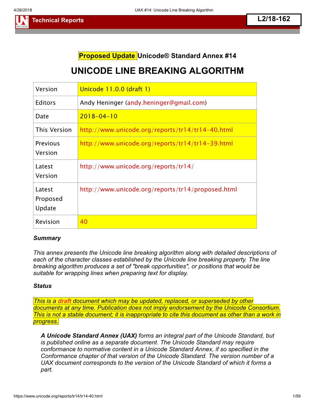 Unicode Line Breaking Algorithm Technical Reports