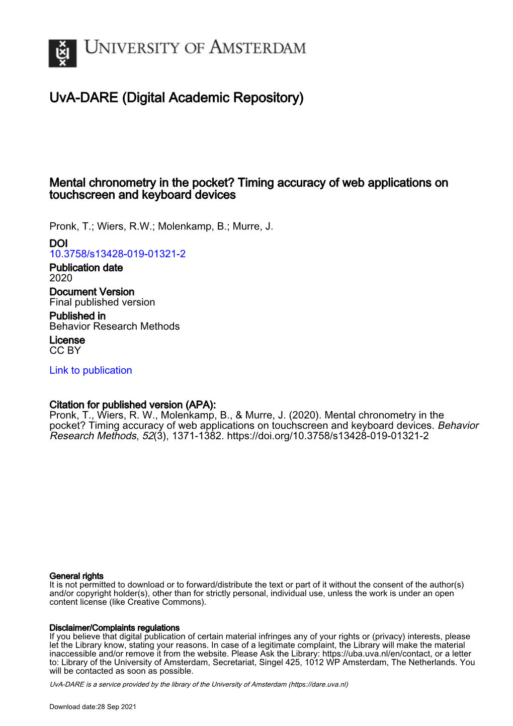 Mental Chronometry in the Pocket? Timing Accuracy of Web Applications on Touchscreen and Keyboard Devices