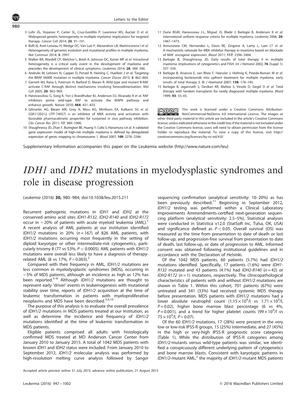 IDH1 and IDH2 Mutations in Myelodysplastic Syndromes and Role in Disease Progression