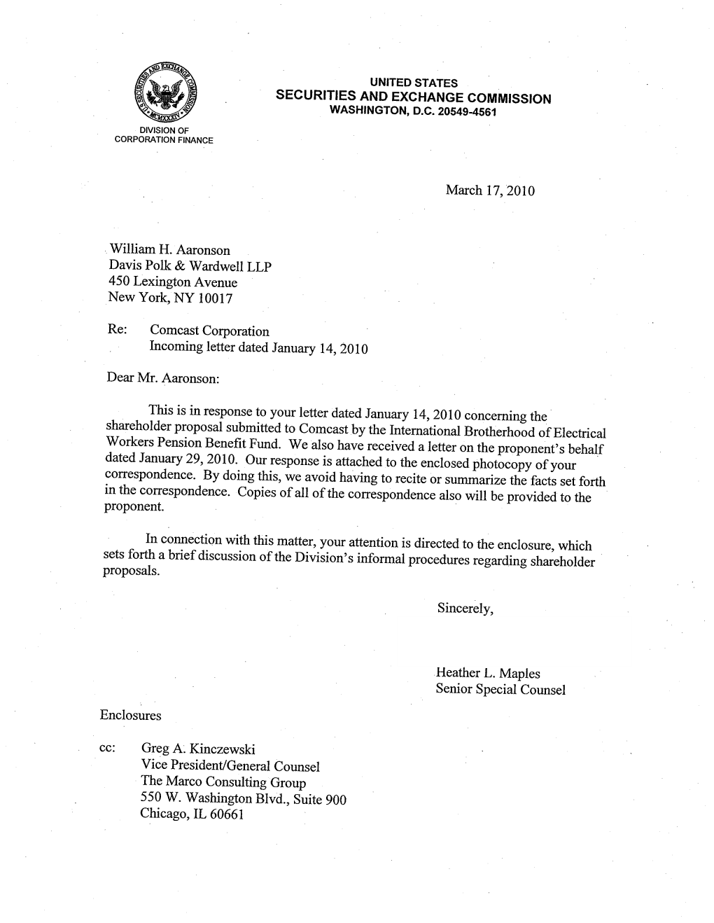 Comcast Corporation Incoming Letter Dated January 14,2010