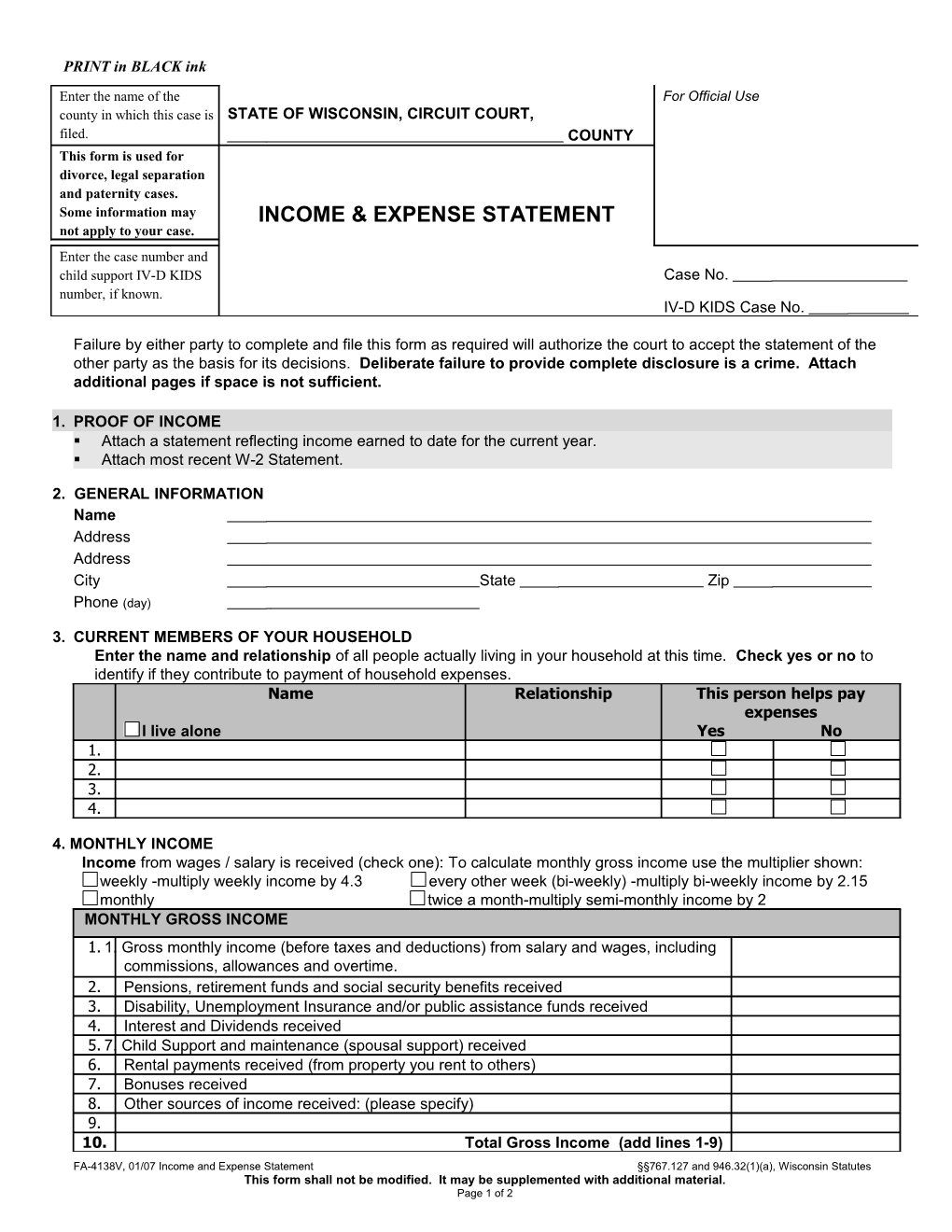 FA-4138: Income and Expense Statement