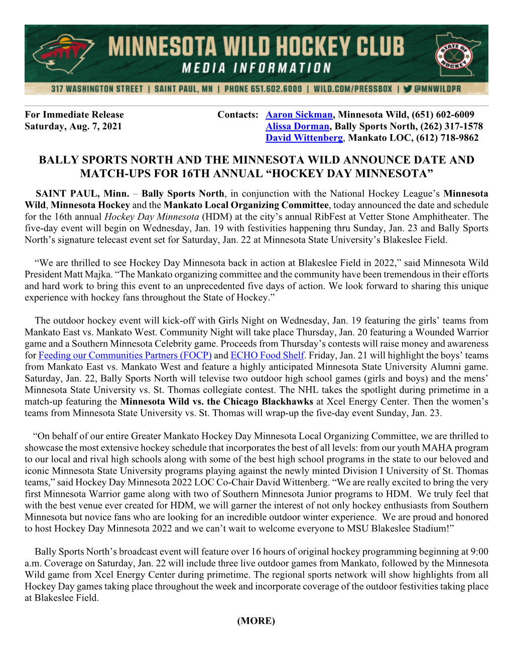 Bally Sports North and the Minnesota Wild Announce Date and Match-Ups for 16Th Annual “Hockey Day Minnesota”