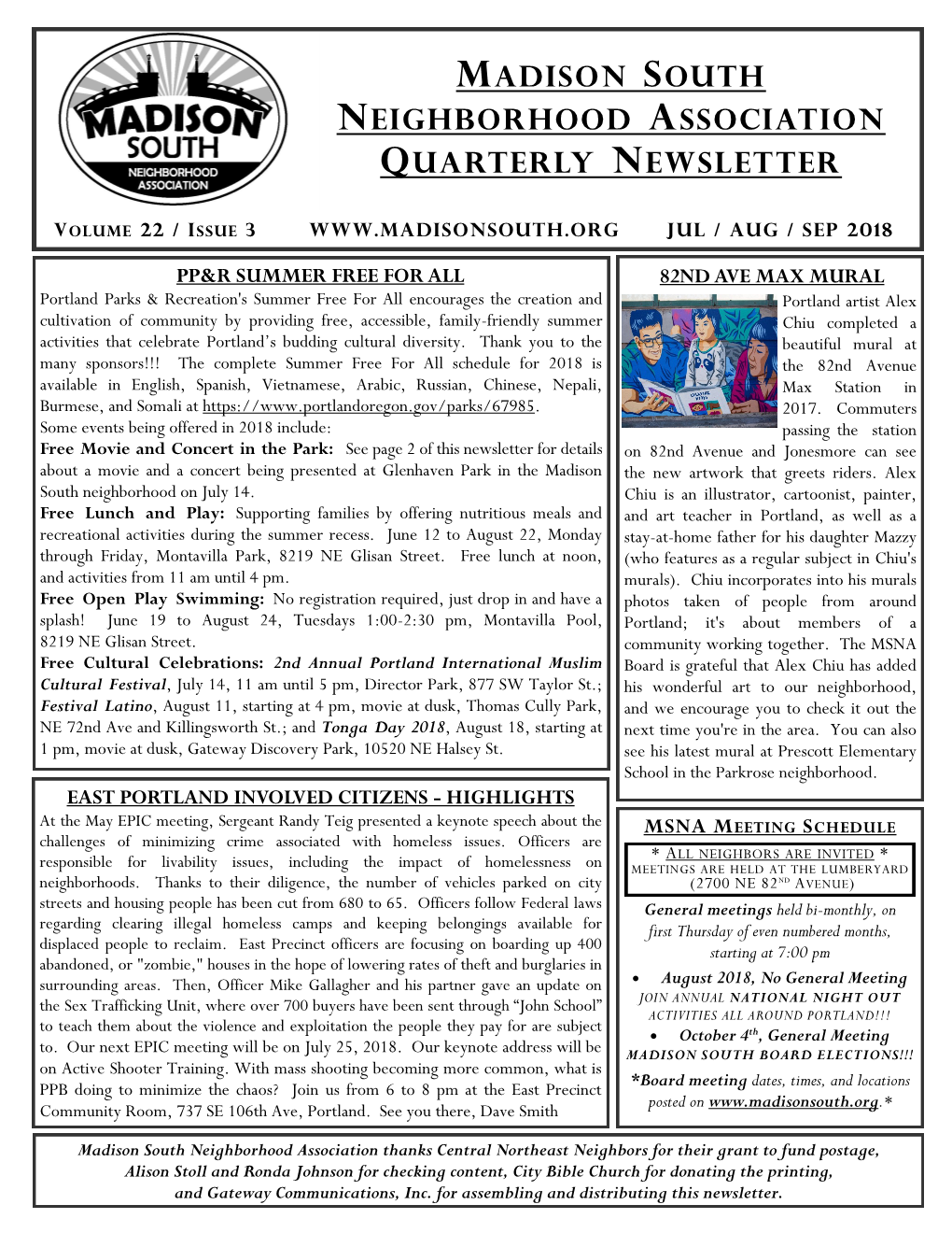 Madison South Neighborhood Association Quarterly Newsletter