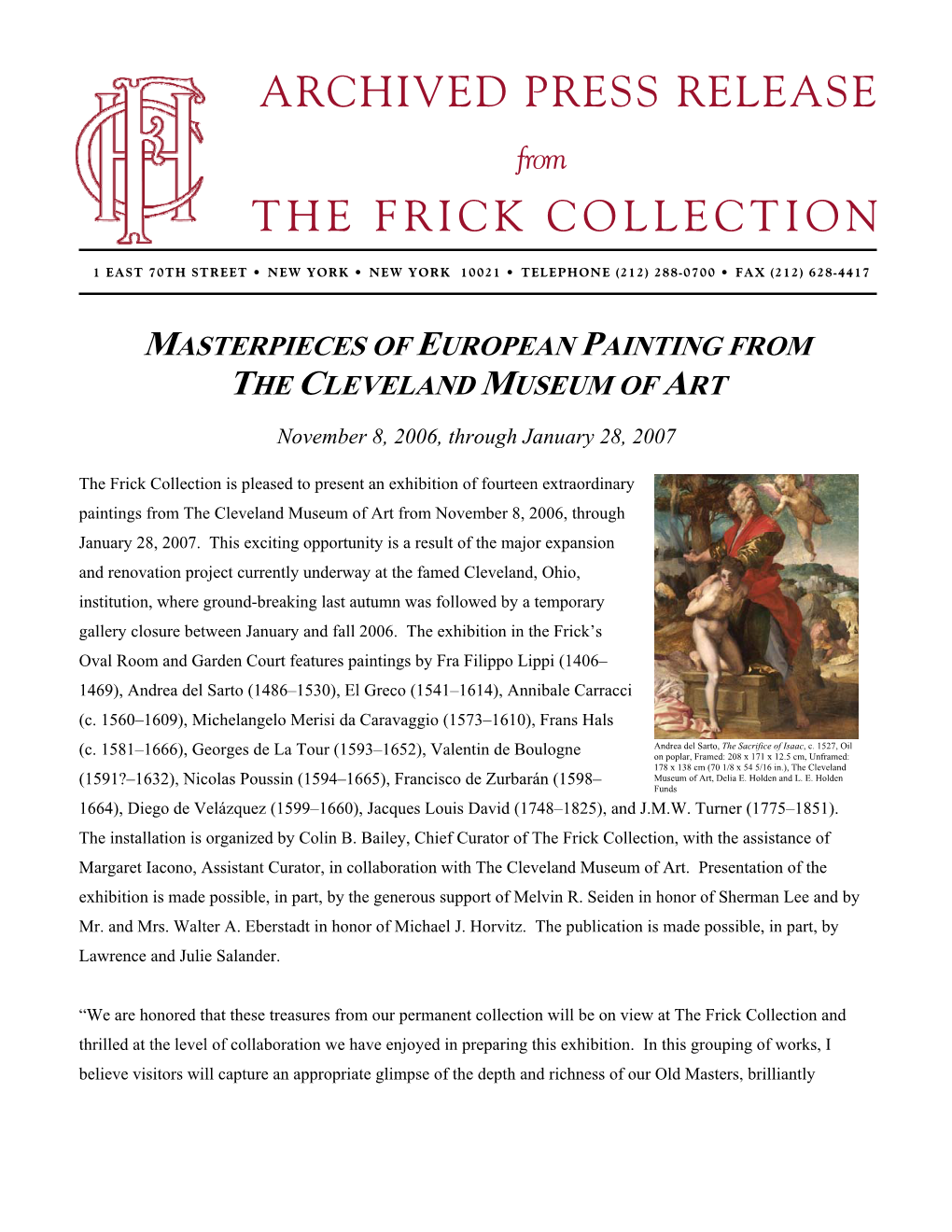 Archived Press Release the Frick Collection