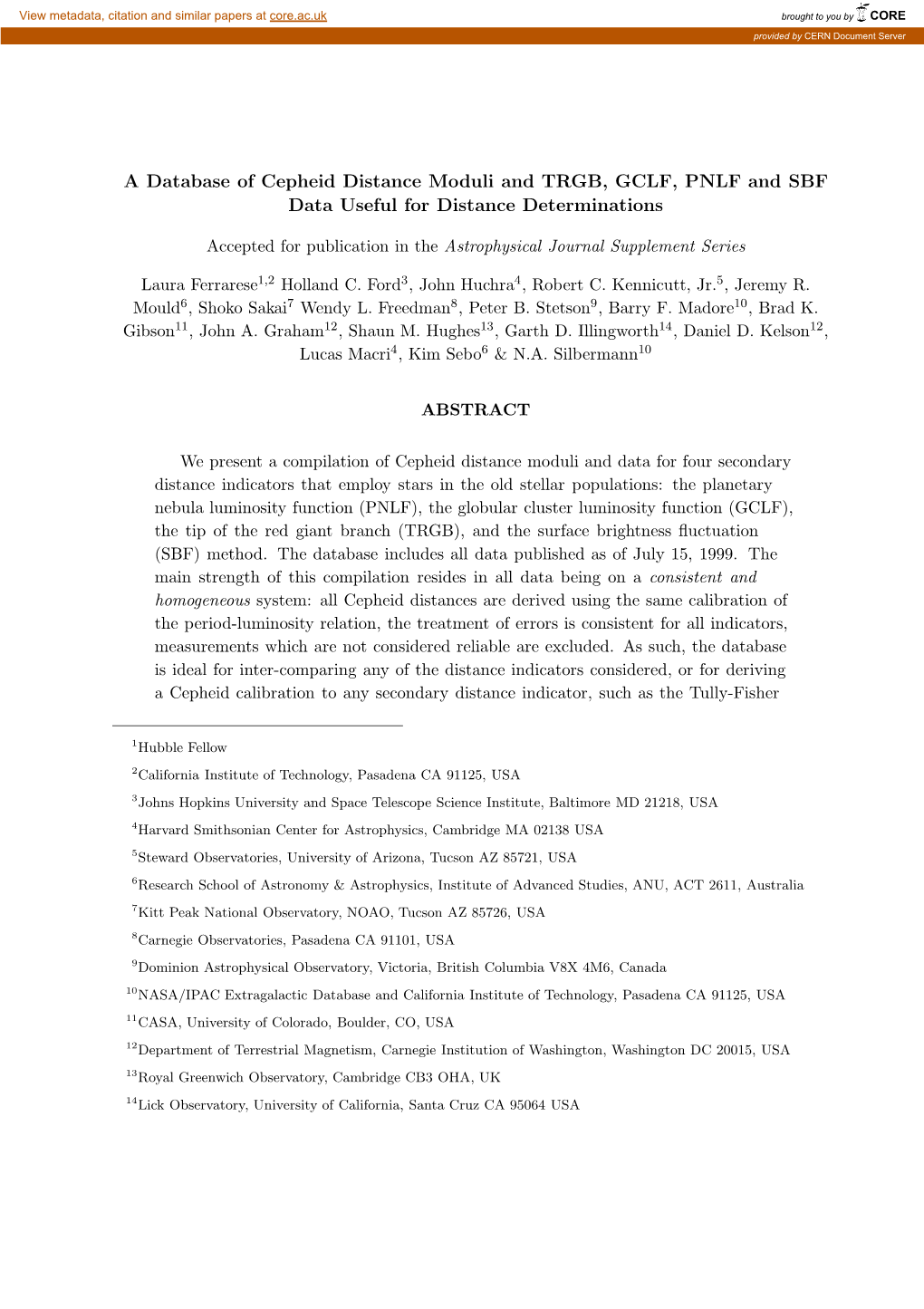 A Database of Cepheid Distance Moduli and TRGB, GCLF, PNLF and SBF Data Useful for Distance Determinations