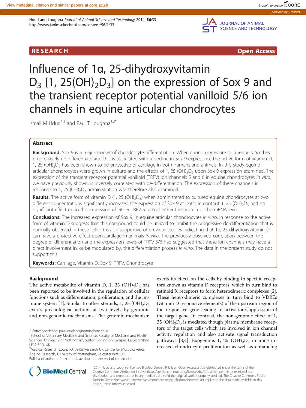 [1, 25(OH)2D3] on the Expression of Sox 9 and the Transient Receptor