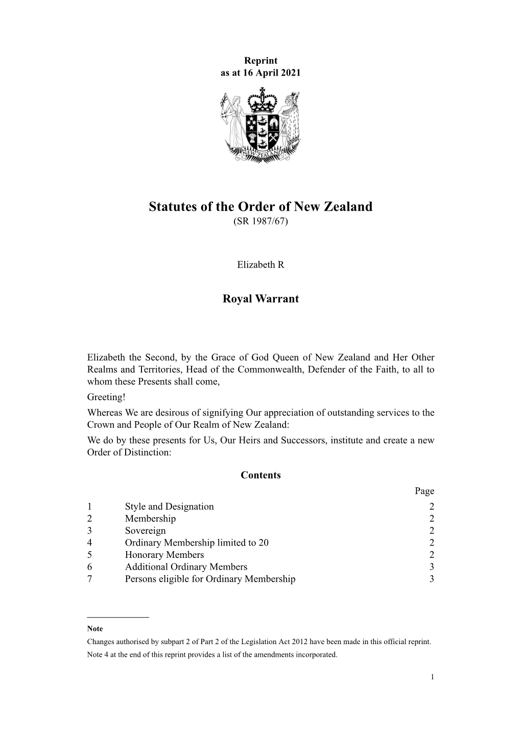 Statutes of the Order of New Zealand (SR 1987/67)