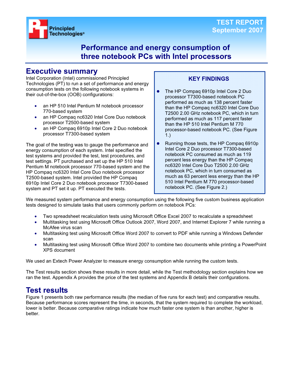 Performance and Energy Consumption of Three Notebook Pcs with Intel Processors Executive Summary Test Results