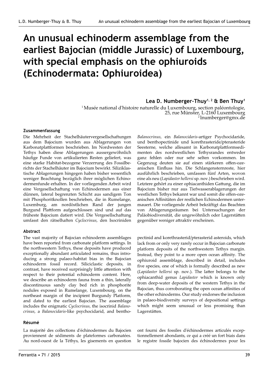 An Unusual Echinoderm Assemblage from the Earliest Bajocian of Luxembourg