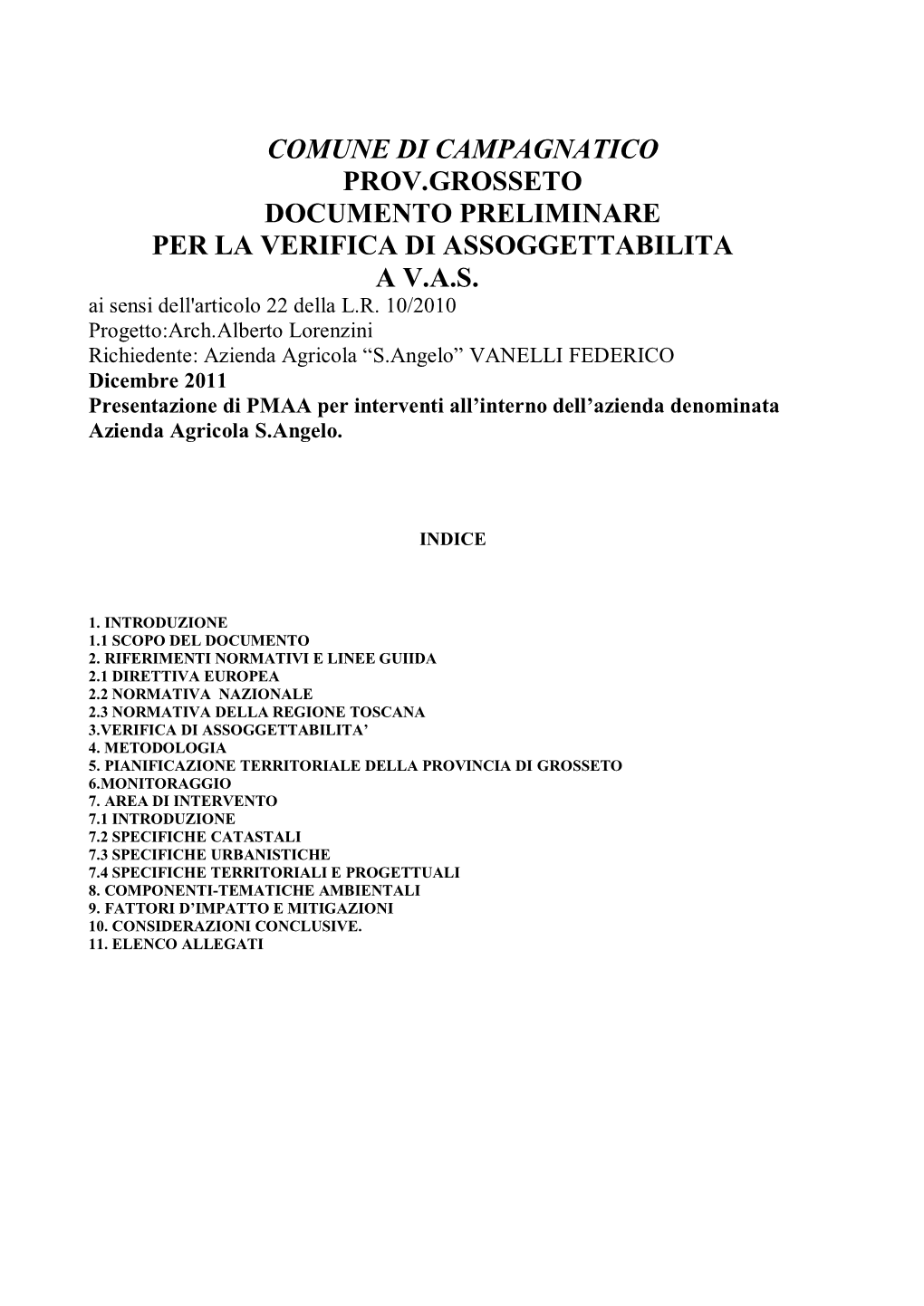 Comune Di Campagnatico Prov.Grosseto Documento Preliminare Per La Verifica Di Assoggettabilita a V.A.S