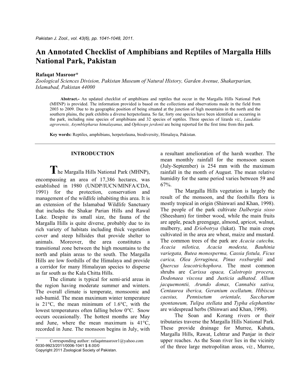 An Annotated Checklist of Amphibians and Reptiles of Margalla Hills National Park, Pakistan