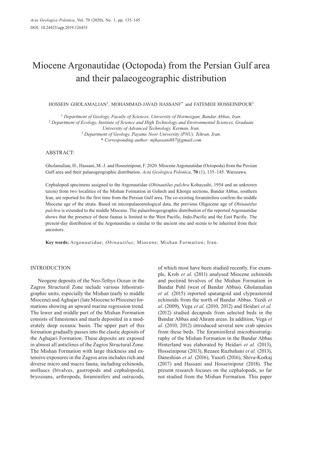 Miocene Argonautidae (Octopoda) from the Persian Gulf Area and Their Palaeogeographic Distribution