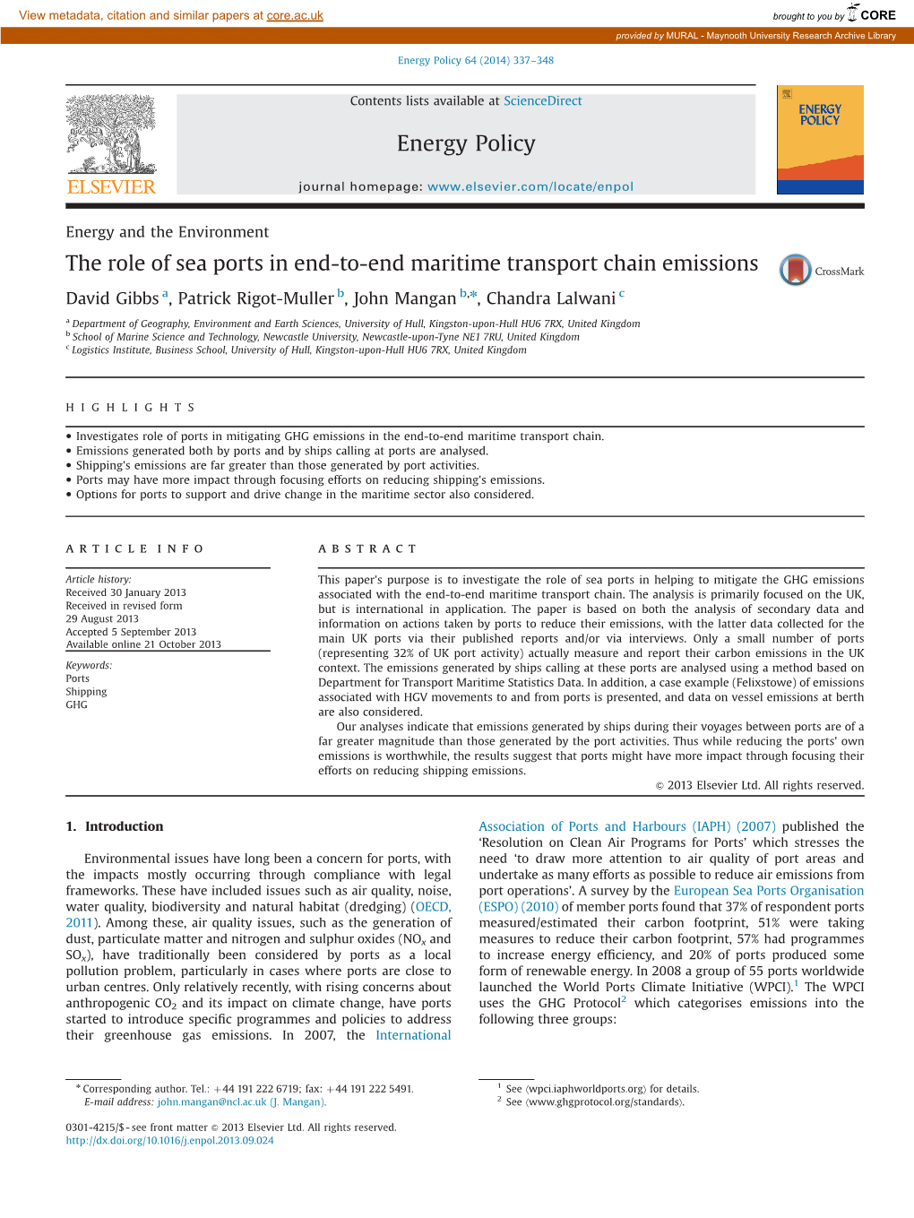 The Role of Sea Ports in End-To-End Maritime Transport Chain Emissions