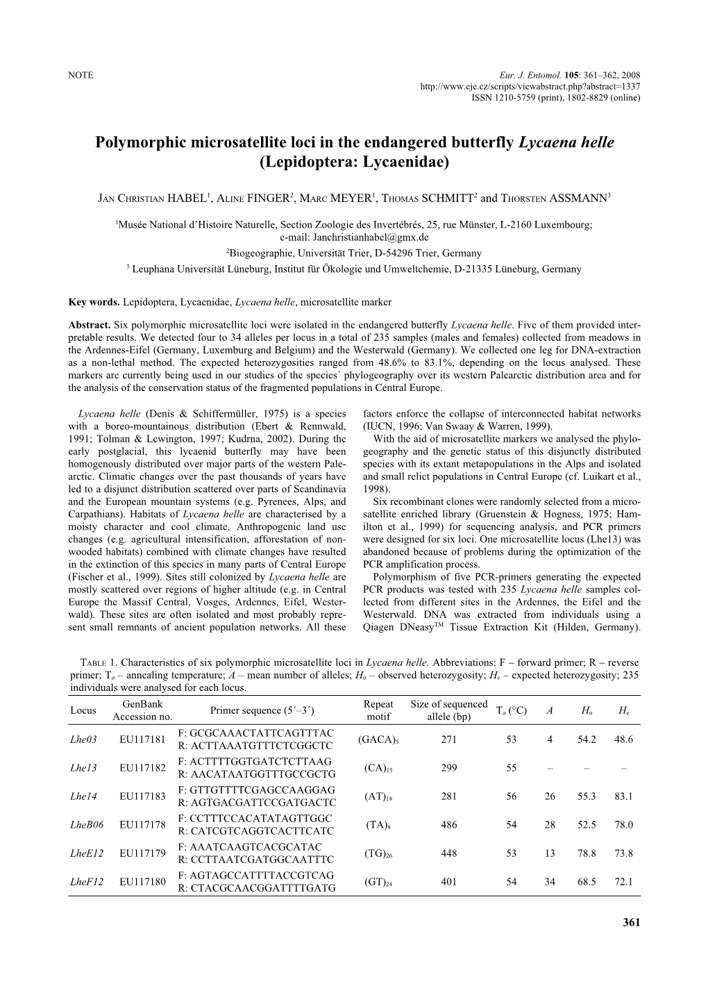 Polymorphic Microsatellite Loci in the Endangered Butterfly Lycaena Helle (Lepidoptera: Lycaenidae)